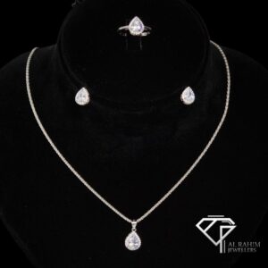 White Zircon Water Drop Silver Locket Set – 10.1g Elegant Serenity