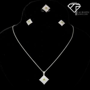 Green Peridot & White Zircon Silver Locket Set – 14.8g Elegant Radiance