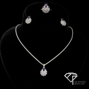 Purple Stone & White Zircon Cluster Silver Locket Set – 12.2g Regal Sparkle
